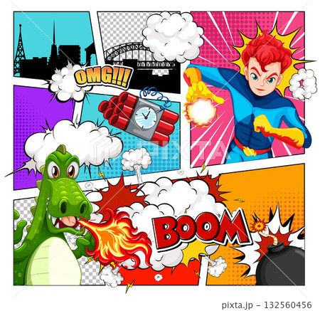 Comic Style Superhero Battles Fire-Breathing Dragon Comic Style Superhero Battles Fire-Breathing Dragon 132560456