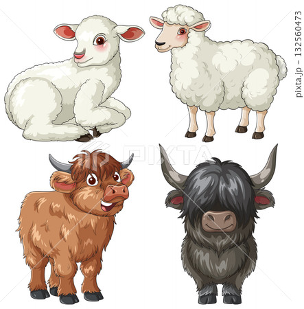 Cartoon Farm Animals Set With Sheep and Cattle 132560473