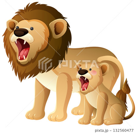 Roaring Lion and Cub Cartoon Vector Illustration 132560477