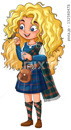 Blonde Girl in Tartan Outfit Holding Small Bird 132560478