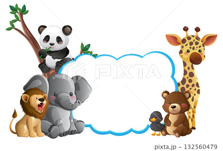 Cute Jungle Animals with Blank Cloud Frame Illustration 132560479