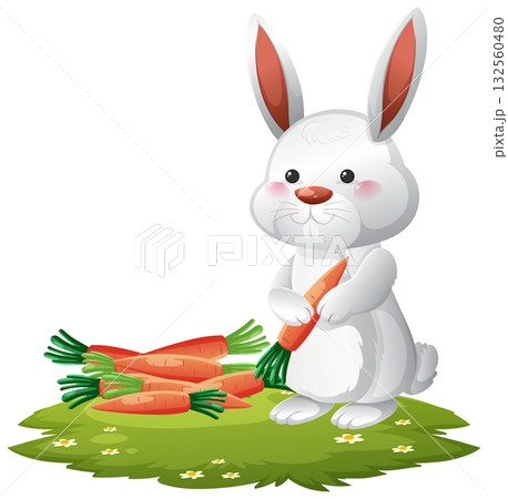 White Rabbit Eating Carrot on Green Grass Patch 132560480