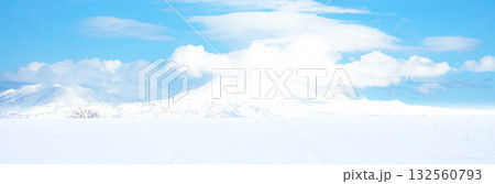 北海道美瑛町の青空と白い雲と雪原と冠雪した山の風景 北海道美瑛町の青空と白い雲と雪原と冠雪した山の風景 132560793