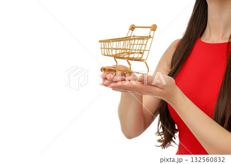 Woman shows small cart, ready for sales, isolated, PNG Woman shows small cart, ready for sales, isolated, PNG 132560832