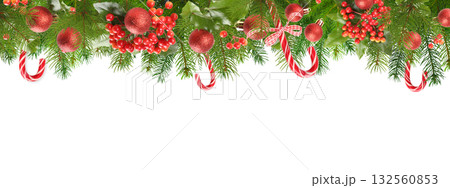 Festive decor with red ornaments and greenery, isolated, PNG Festive decor with red ornaments and greenery, isolated, PNG 132560853