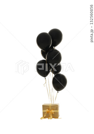 Black balloons float above a stylish gold gift box, isolated, PNG 132560856