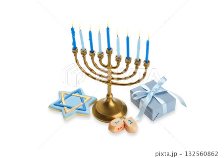 Menorah with blue candles, dreidels, and gifts, isolated, PNG Menorah with blue candles, dreidels, and gifts, isolated, PNG 132560862