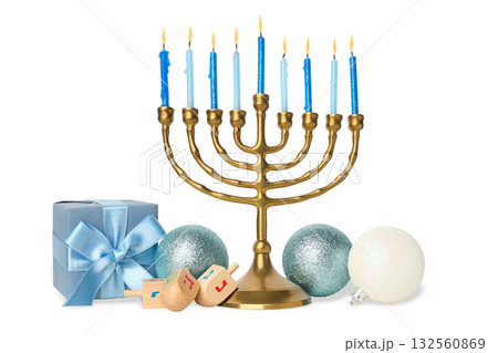 Menorah with blue candles and dreidels, isolated, PNG Menorah with blue candles and dreidels, isolated, PNG 132560869