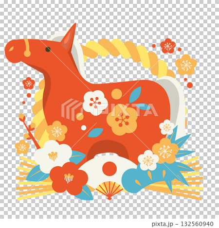 馬年新年圖示 10，復古色彩，吉祥圖案，紅馬，插畫，可愛 132560940