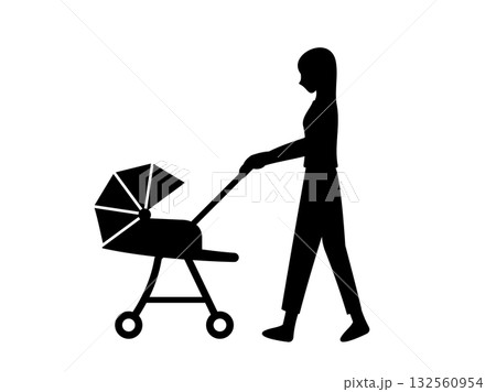ベビーカーと女性_シルエット 132560954