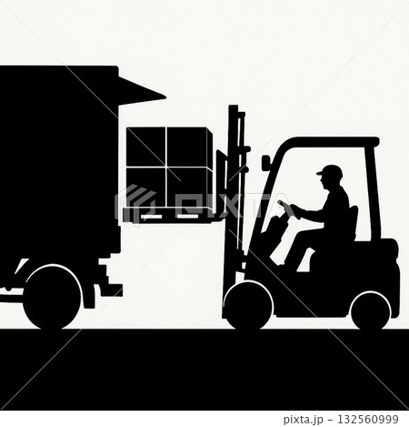 フォークリフトでトラックから荷物をおろす作業のシルエット フォークリフトでトラックから荷物をおろす作業のシルエット 132560999