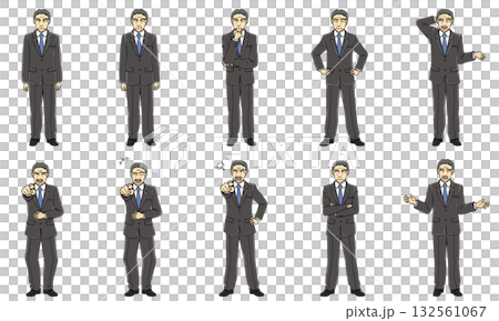 中年西裝男士全身像，多種姿勢，多種臉部表情，共10種類型 132561067