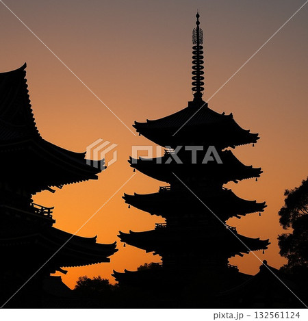 静寂に佇む寺院のシルエット 132561124