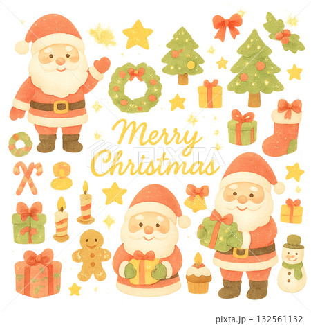 ふんわり水彩風のかわいいサンタとクリスマス小物セット 132561132