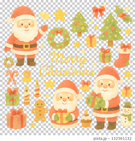 ふんわり水彩風のかわいいサンタとクリスマス小物セット 132561132