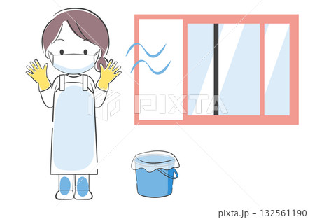 消毒作業のために窓を開けて換気している女性のイラスト 132561190