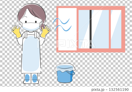消毒作業のために窓を開けて換気している女性のイラスト 132561190