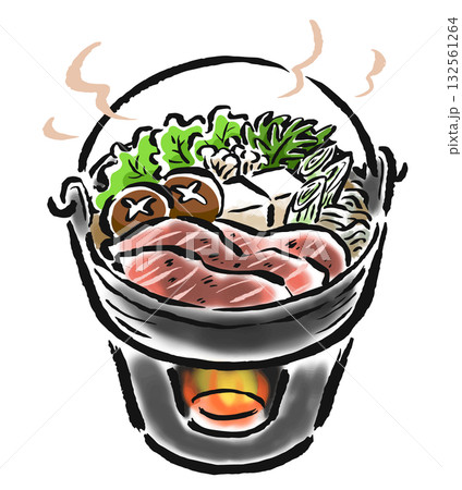 一人用のいろり鍋で食べるすき焼き　筆タッチ手描きイラスト 132561264