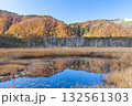 群馬県片品村尾瀬ヶ原から望む紅葉と青空が映る池塘 132561303