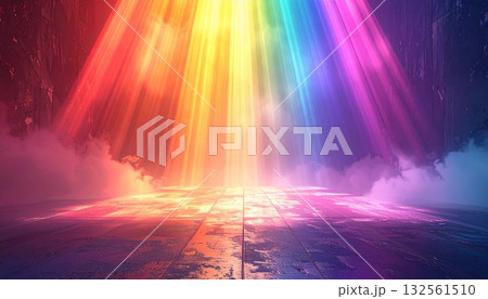 虹色の光が差し込む幻想的で抽象的なステージ空間の背景イラスト 虹色の光が差し込む幻想的で抽象的なステージ空間の背景イラスト 132561510