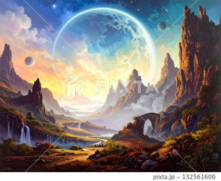 中心に幻想的な満月が浮かぶ広い荒野 ai生成画像 中心に幻想的な満月が浮かぶ広い荒野 ai生成画像 132561600