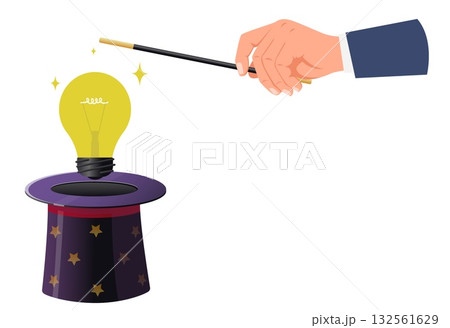 Businessman pulls light bulb out of his hat with magic wand. Creating idea. Conjurer tricks top hat. Brainstorm solution. Insight lamp in magician cap. Inspiration glow. Vector concept 132561629