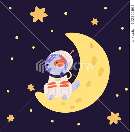 Cute dog astronaut in spacesuit sitting on moon. Universe exploration. Animal cosmonaut. Planet expedition. Spacewalk explore. Astronomy science. Stars and crescent. Vector concept 132561665