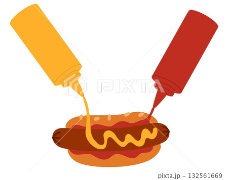 Delicious hot dogs are served with mustard and ketchup. Burger dressing. Squeeze sauce out of bottle. Unhealthy eating. American cuisine. Tasty sandwich with sausage. Vector concept Delicious hot dogs are served with mustard and ketchup. Burger dressing. Squeeze sauce out of bottle. Unhealthy eating. American cuisine. Tasty sandwich with sausage. Vector concept 132561669