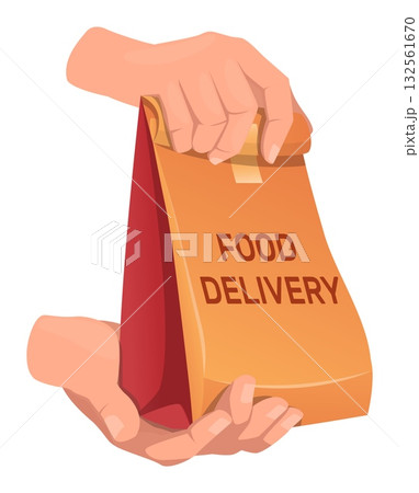 Delivery courier holds paper bag with groceries. Disposable cardboard packet in hands. Supermarket order. Arms give fastfood sachet. Lunch in carton wrap. Vector takeaway meal packages 132561670
