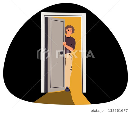 Frightened young woman opens door of her house. Girl looks fearfully out of house onto dark street. Nervous female at entry doorway. Person peeking from lighting room. Vector concept Frightened young woman opens door of her house. Girl looks fearfully out of house onto dark street. Nervous female at entry doorway. Person peeking from lighting room. Vector concept 132561677