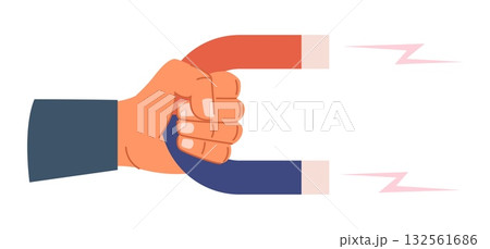 Hand holds large magnet. Attract power. Electromagnetic energy. Magnetic horseshoe. Marketing force. Followers generate. Magnetite polarity. Vector concept of attraction or magnetism Hand holds large magnet. Attract power. Electromagnetic energy. Magnetic horseshoe. Marketing force. Followers generate. Magnetite polarity. Vector concept of attraction or magnetism 132561686