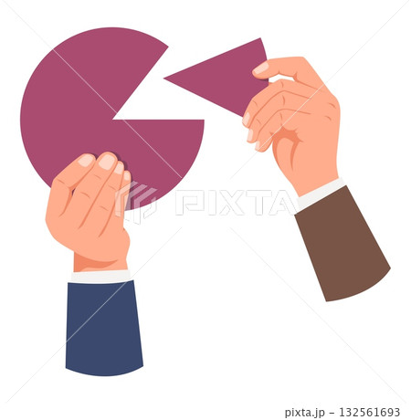 Hands of businessmen with pieces of pie chart. Financial diagram. Investment infographic. Partners money allocation parts. Fund percent divide. Vector concept of market profit share Hands of businessmen with pieces of pie chart. Financial diagram. Investment infographic. Partners money allocation parts. Fund percent divide. Vector concept of market profit share 132561693