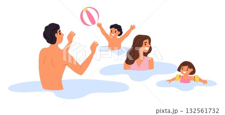 Happy family swims in sea. Father and mother together with children relax at waterpark. Daughter and son play inflated ball in water. Swimming pool fun. Summer travel. Vector concept Happy family swims in sea. Father and mother together with children relax at waterpark. Daughter and son play inflated ball in water. Swimming pool fun. Summer travel. Vector concept 132561732