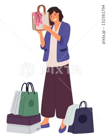 Happy young woman hugs beautiful new handbag. Girl enjoying her shopping experience. Young customer with boxes and bags from store. Shopaholic female making purchase. Vector concept 132561794