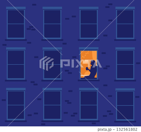 Lonely sad woman in bright window among dark house facade. Girl sitting on windowsill. Residential building. Home urban exterior. Upset neighbor. Vector concept of loneliness in city 132561802