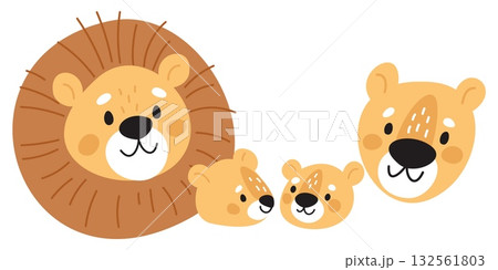 Lovely lion family. Lion father and mother with cubs. Happy lioness muzzle. Wild feline pride. Safari animals group. Savannah fauna. Predator baby with parents. Vector cartoon zoo portrait 132561803