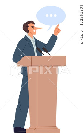 Male politician speaks from podium with long pinocchio nose of liar. Dishonest corrupt businessman. Hypocrite vote candidate at tribune. Lie or deceit. Election campaign. Vector concept Male politician speaks from podium with long pinocchio nose of liar. Dishonest corrupt businessman. Hypocrite vote candidate at tribune. Lie or deceit. Election campaign. Vector concept 132561808