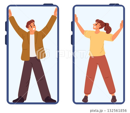 Man and woman trapped inside phone. Smartphone addiction. Social media user in cellphone screen prison. Dependence of internet surfing. Addicted people. Mental disrober. Vector concept Man and woman trapped inside phone. Smartphone addiction. Social media user in cellphone screen prison. Dependence of internet surfing. Addicted people. Mental disrober. Vector concept 132561856