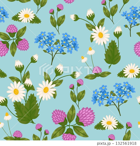 Beautiful wild spring flowers gathered in bouquets seamless pattern. Repeated print. Field blooming. Summer clover blossom. Cute forget-me-not. Chamomile buds. Vector floral background 132561918