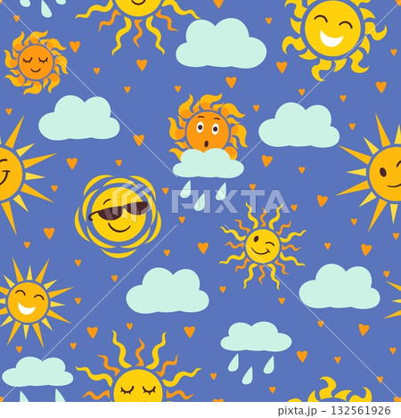 Cartoon weather icons seamless pattern. Summer sun character fun. Rainfall and sunshine. Meteorology forecast. Repeated print. Surprised of downpour. Overcast cloud. Vector background Cartoon weather icons seamless pattern. Summer sun character fun. Rainfall and sunshine. Meteorology forecast. Repeated print. Surprised of downpour. Overcast cloud. Vector background 132561926