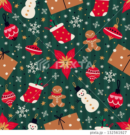 Christmas seamless pattern. Xmas tree with decorations. Gift boxes. Winter snowflakes. Repeated print. Gingerbread cookie or snowman. Present sock. Evergreen poinsettia. Vector background 132561927