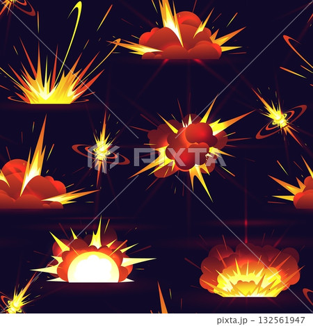 Explosions from shells or pyrotechnics with flames and smoke seamless pattern. Weapon detonation. Fiery boom effect. War epicenter. Repeated print. Military destroy. Vector background 132561947