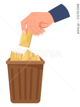 Hand tosses unwanted emails and files into trash. Deleting data and unnecessary information. Big arm putting letter envelopes and document pages into dustbin. Spam basket. Vector concept Hand tosses unwanted emails and files into trash. Deleting data and unnecessary information. Big arm putting letter envelopes and document pages into dustbin. Spam basket. Vector concept 132561986