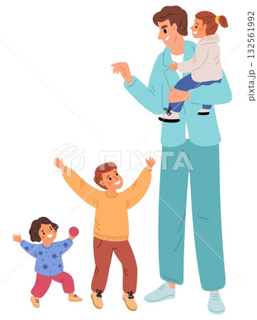 Male pediatrician surrounded by happy children. Cheerful patients. Pediatric consultation. Appointment with kids medic. Man doctor with joyful babies. Hospital visit. Vector concept 132561992
