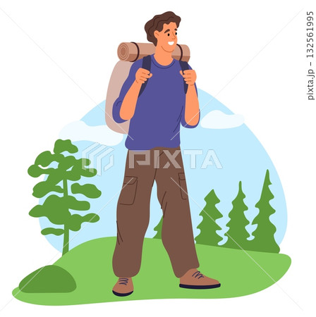 Man with backpack in nature. Hiking vacation. Guy traveling in forest. Summer trekking. Traveler walking outdoor. Tourist with rucksack exploring woodland. Adventure journey. Vector concept 132561995