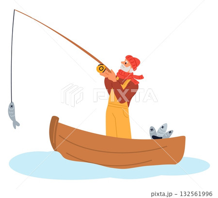 Old fisherman catches fish with angler rod in wooden boat. Male hobby. Grandparent angling perch or carp. Elderly fisher outdoor active leisure. Fishing tackle with bait. Vector concept 132561996
