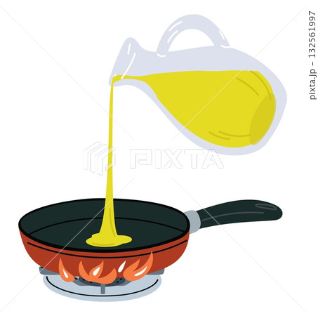 Olive oil from glass bottle is poured into heated pan. Preparing for frying. Saucepan on stove fire flame. Oily liquid jug. Cooking recipe. Kitchen oven. Baking kitchenware. Vector concept 132561997