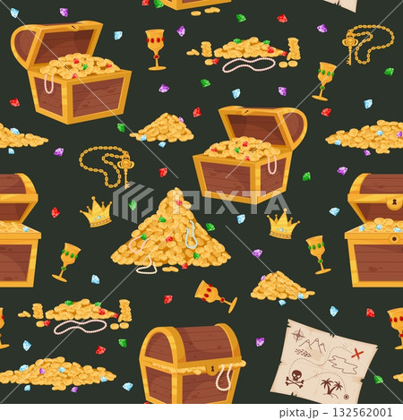 Pirate treasures chests with gold coins and precious stones. Corsair wealth seamless pattern. Golden cups and crowns. Filibuster map paper. Repeated print. Medieval crate. Vector background 132562001