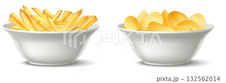 Realistic white ceramic plate with French fries and potato chips. Full bowl side view. Fastfood snack eating. Fried vegetable salty slices. Prepared tuber. Vector isolated objects set 132562014