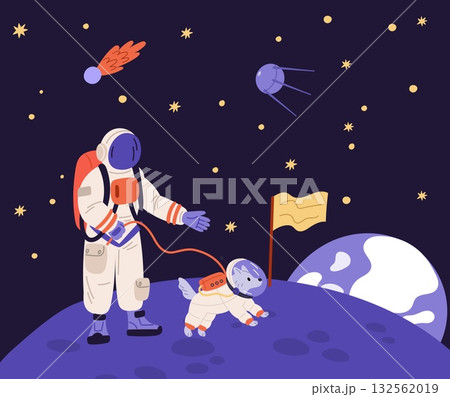 Space astronauts walk with dog in spacesuit on surface of cosmic planet. Universe exploration. Animal cosmonaut. Moon expedition. Spacewalk explore. Astronomy science. Vector concept 132562019